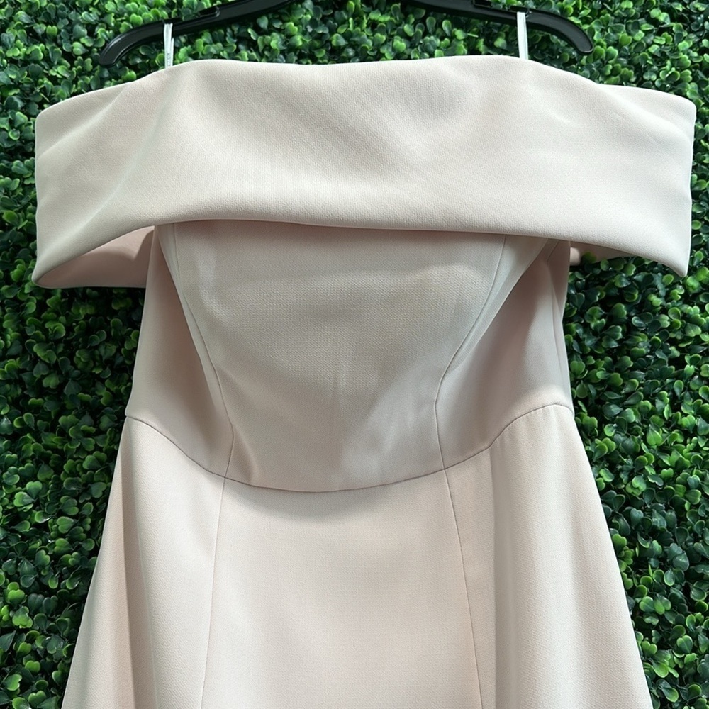 Dessy Collection Off Shoulder Crepe Bridesmaid Dress in size 0 color blush. - Picture 6 of 14